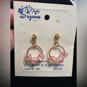 Vintage gold tone post back earrings with pink beads on original card.
